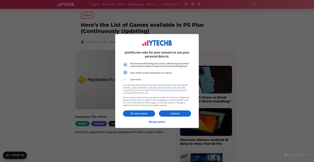 Security scan screenshot of https://www.ytechb.com/ps-plus-games-list/