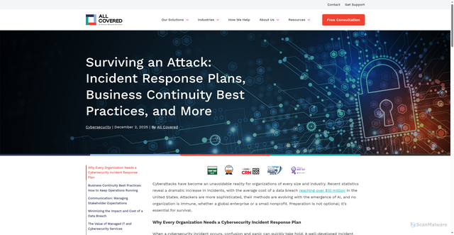 Security scan screenshot of https://www.allcovered.com/blog/surviving-an-attack-incident-response-plans-business-continuity-best-practices-and-more