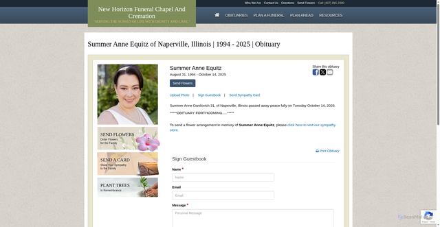 Security scan screenshot of https://www.newhorizonfuneralchapel.com/obituary/summer-equitz