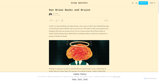 Security scan screenshot of https://jimstump.substack.com/p/dan-brown-books-and-brains