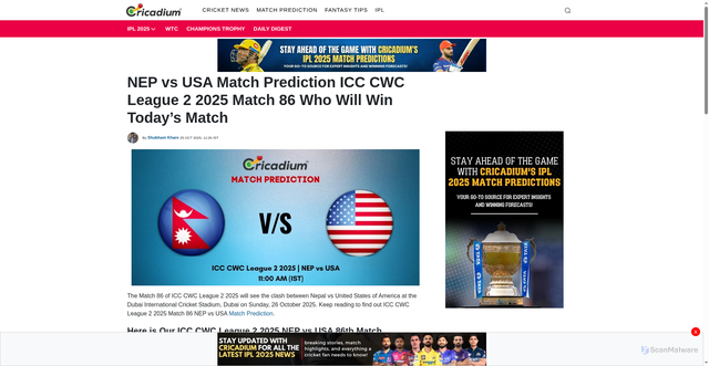 Security scan screenshot of https://www.cricadium.com/nep-vs-usa-match-prediction-icc-cwc-league-2-2025-match-86-who-will-win-todays-match