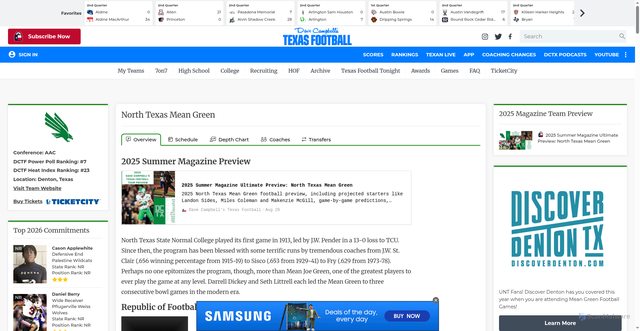Security scan screenshot of https://www.texasfootball.com/team/north-texas-mean-green