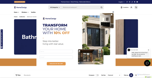 Security scan screenshot of https://www.homecenteroutlet.com/collections/vanities?srsltid=AU7gw4WJ_7WB9V-mV3AUySuQRCR-_ZBaJQhYeiuptL7UGNuVWB6ih7Cs