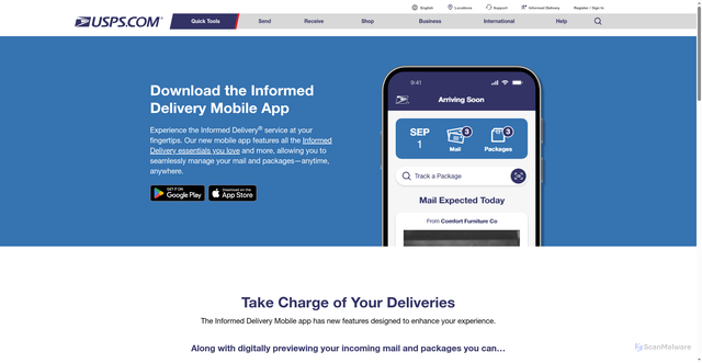 Security scan screenshot of https://www.usps.com/apps/informed-delivery.htm