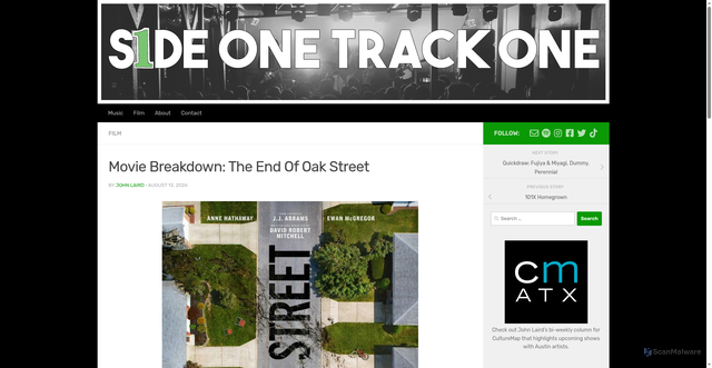 Security scan screenshot of http://sideonetrackone.com/2026/08/movie-breakdown-the-end-of-oak-street/