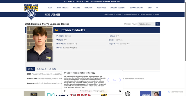 Security scan screenshot of https://southernmainehuskies.com/sports/mens-lacrosse/roster/ethan-tibbetts/13799