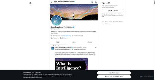 Security scan screenshot of https://x.com/templeton_fdn?utm_source=Receive+News+from+the+John+Templeton+Foundation&utm_campaign=593a292eb7-EMAIL_CAMPAIGN_2026_templetonideas_20260624&utm_medium=email&utm_term=0_-42837b4b08-97355777
