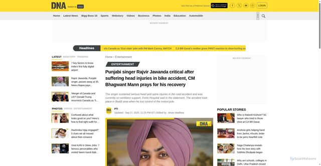 Security scan screenshot of https://www.dnaindia.com/entertainment/report-punjabi-singer-rajvir-jawanda-critical-after-suffering-head-injuries-in-bike-accident-cm-bhagwant-mann-prays-for-his-recovery-3181972