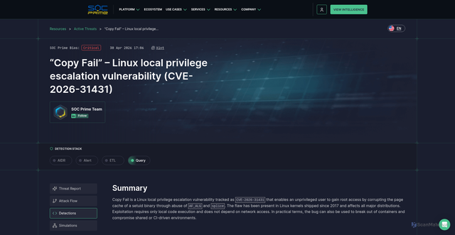 Security scan screenshot of https://socprime.com/active-threats/cve-2026-31431-copy-fail-linux-root-escalation/