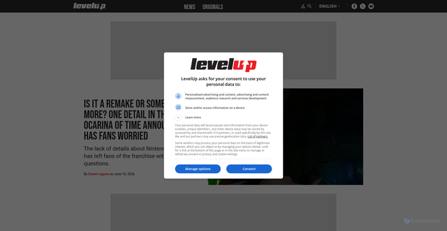 Security scan screenshot of https://www.levelup.com/en/news/is-it-a-remake-or-something-more-one-detail-in-the-new-ocarina-of-time-announcement-has-fans-worried/