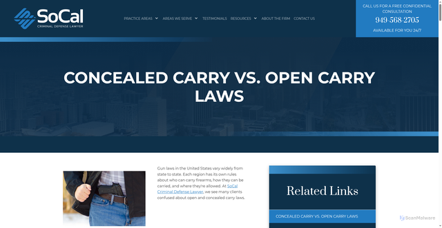 Security scan screenshot of https://socaldefenselawyer.net/san-bernardino-gun-crimes-attorney/concealed-carry-vs-open-carry-laws/