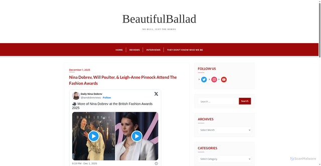 Security scan screenshot of https://www.beautifulballad.org/2025/12/01/nina-dobrev-will-poulter-leigh-anne-pinnock-attend-the-fashion-awards/