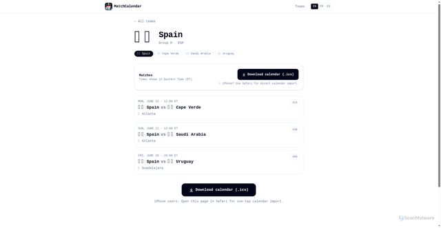 Security scan screenshot of https://matchcalendar.app/team/spain
