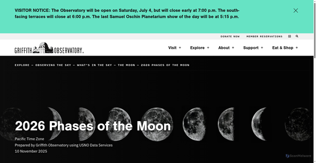 Security scan screenshot of https://griffithobservatory.lacity.gov/explore/observing-the-sky/whats-in-the-sky/the-moon/2026-phases-of-the-moon/
