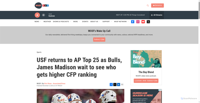 Security scan screenshot of https://www.wusf.org/sports/2025-11-09/usf-returns-to-ap-top-25-as-bulls-james-madison-wait-to-see-who-gets-higher-cfp-ranking