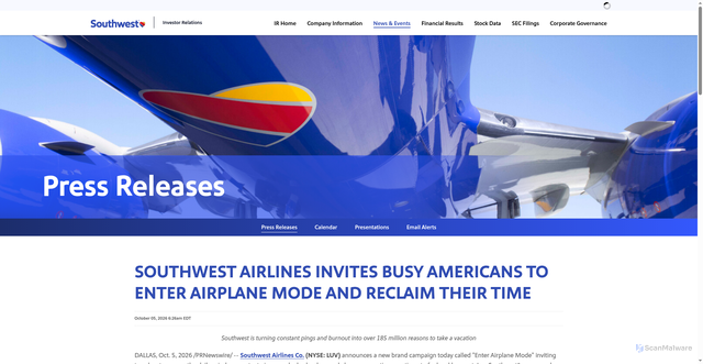 Security scan screenshot of https://investors.southwest.com/news-events/press-releases/detail/1944/southwest-airlines-invites-busy-americans-to-enter-airplane-mode-and-reclaim-their-time