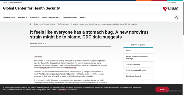 Security scan screenshot of https://www.unmc.edu/healthsecurity/transmission/2025/01/14/it-feels-like-everyone-has-a-stomach-bug-a-new-norovirus-strain-might-be-to-blame-cdc-data-suggests-2/