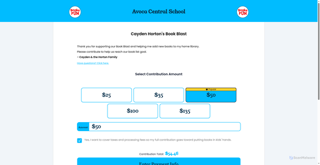 Security scan screenshot of https://app.booksarefun.com/AvocaCS14809/donations/new/pcn6in25?method=sms&request=ll0j5zh2