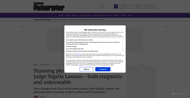 Security scan screenshot of https://amateurphotographer.com/iconic-images/enigmatic-and-unknowable-stunning-photos-of-rumoured-new-bake-off-judge-nigella/