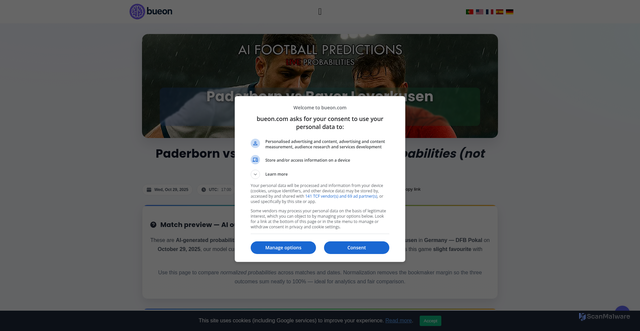 Security scan screenshot of https://bueon.com/en/ai-predictions/2025-10-29/paderborn-vs-bayer-leverkusen