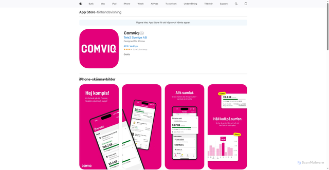 Security scan screenshot of https://apps.apple.com/se/app/comviq/id469353162