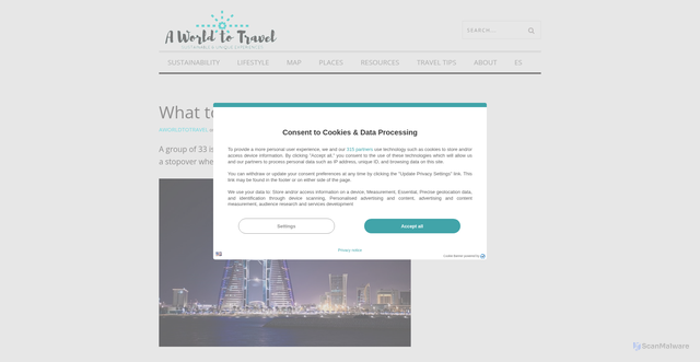 Security scan screenshot of https://www.aworldtotravel.com/bahrain-travel-guide/