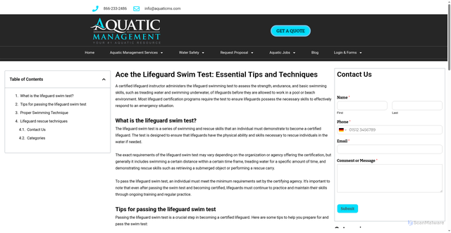 Security scan screenshot of https://aquaticms.com/ace-your-lifeguard-swim-test-master-tips-and-techniques/