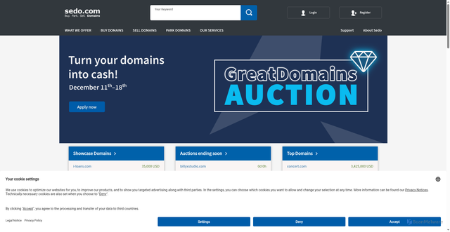 Security scan screenshot of https://sedo.com/