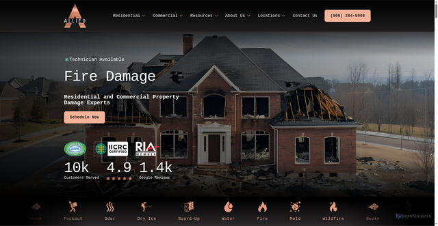 Security scan screenshot of https://alliedrestore.com/services/fire-damage-restoration