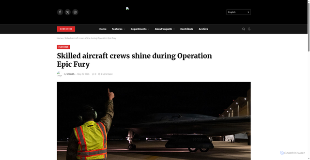 Security scan screenshot of https://unipath-magazine.com/skilled-aircraft-crews-shine-during-operation-epic-fury/