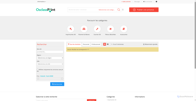 Security scan screenshot of https://3doccaz.fr/index.php?page=search&sCategory=6&sShowAs=list&sOrder=dt_pub_date&iOrderType=desc