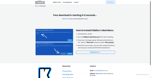 Security scan screenshot of https://kiddions.menu/download/