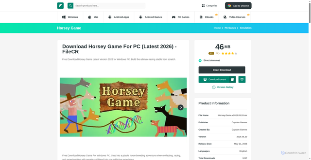Security scan screenshot of https://filecr.com/pc-games/horsey-game-free-download-for-windows