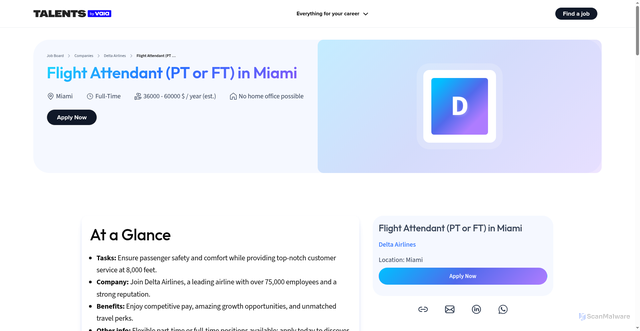 Security scan screenshot of https://talents.vaia.com/companies/delta-airlines/flight-attendant-pt-or-ft-33399631/