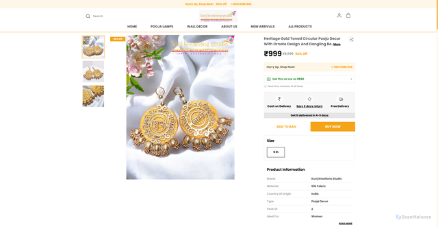 Security scan screenshot of https://kunjkreationsstudio.com/Heritage-Gold-Toned-Circular-Pooja-Decor-With-Ornate-Design-And/catalogue/1pOQASH6/nhHhZ5Ds
