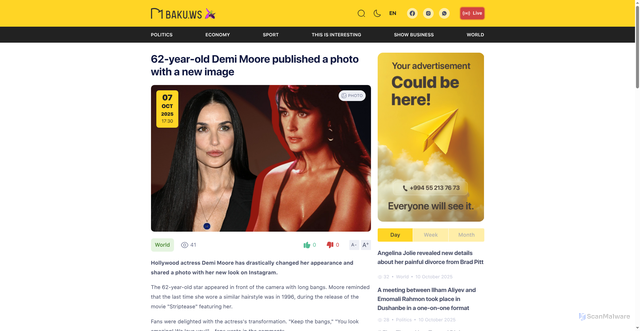Security scan screenshot of https://baku.ws/en/world/62-year-old-demi-moore-published-a-photo-with-a-new-image