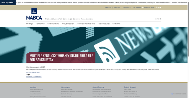 Security scan screenshot of https://www.nabca.org/license-state-news/multiple-kentucky-whiskey-distilleries-file-bankruptcy