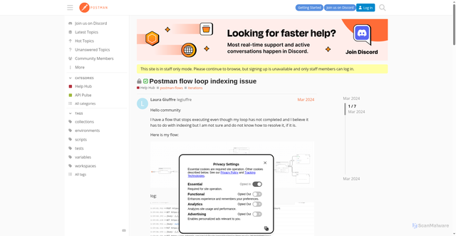 Security scan screenshot of https://community.postman.com/t/postman-flow-loop-indexing-issue/59156