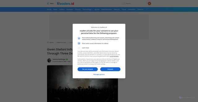 Security scan screenshot of https://www.readers.id/en/gwen-stefani-music-fashion-evolution