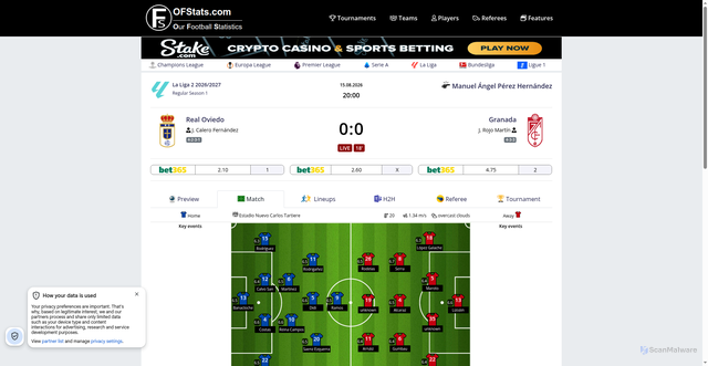 Security scan screenshot of https://ofstats.com/matches/view/real-oviedo-granada-2026-08-15