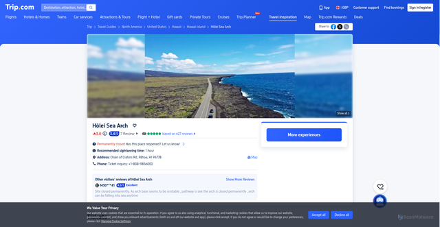 Security scan screenshot of https://uk.trip.com/travel-guide/attraction/hawaii-island/hlei-sea-arch-22955017