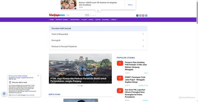 Security scan screenshot of https://sriwijayanews.sigapnews.co.id