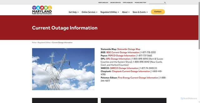 Security scan screenshot of https://www.pscmaryland.com/regulated-utilities/current-outage-information/