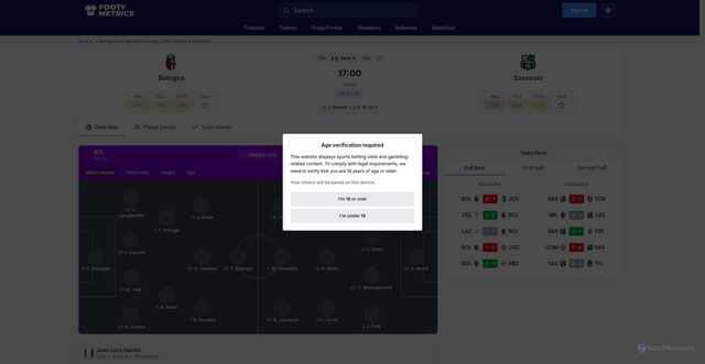 Security scan screenshot of https://www.footymetrics.com/fixtures/9029051-serie-a-bologna-sassuolo