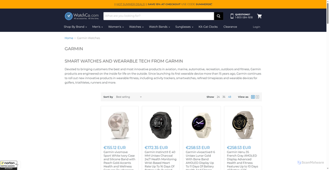 Security scan screenshot of https://www.watchco.com/collections/garmin-watches?srsltid=AfmBOoo5h_KEUkstut7qnR5oYA_4EghHE3fnfgf_3X4Sz4b13fMXciWd