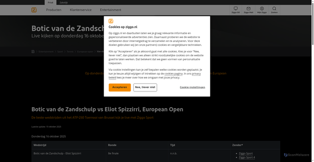 Security scan screenshot of https://www.ziggo.nl/entertainment/sport/tennis/european-open/van-de-zandschulp-spizzirri-16-10-2025