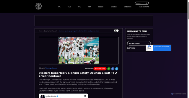 Security scan screenshot of https://www.ffsn.com/steel-curtain-network/steelers-reportedly-signing-safety-deshon-elliott-to-a-2-year-contract/