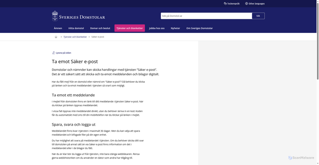 Security scan screenshot of https://www.domstol.se/tjanster-och-blanketter/saker-e-post/