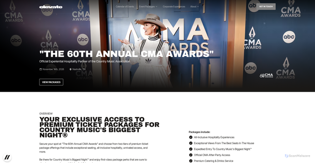 Security scan screenshot of https://www.experiencesbyelevate.com/events/cma-awards/packages