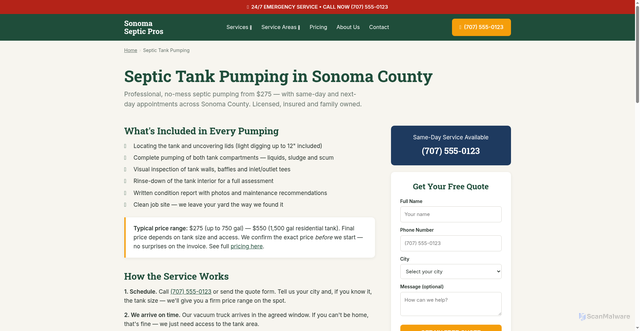 Security scan screenshot of http://sonomasepticpros.com/septic-tank-pumping/